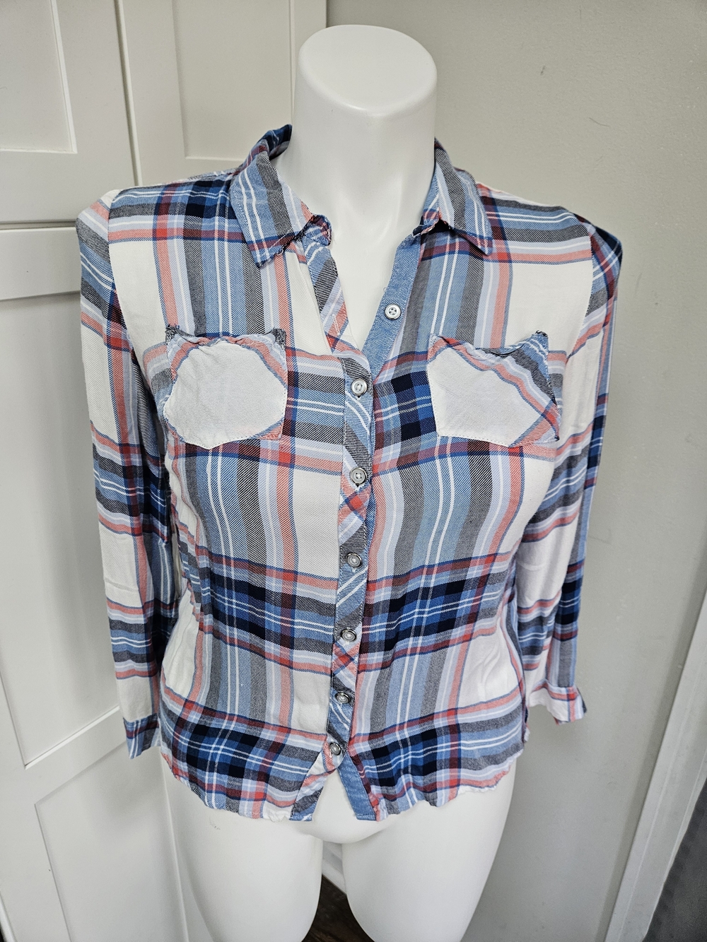 DB Established 1962 Plaid Button Down Top Small Blue Orange Roll Tab Sleeve